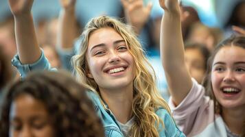 Happy students with their hands raised in excitement during a classroom activity. photo