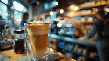 Close-up of a latte in a coffee shop, with blurred background of customers and baristas. photo
