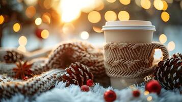 Close-up of a coffee cup on a Christmas morning, with a blurred background of holiday decorations. photo