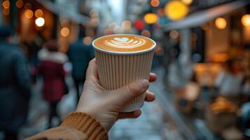 Hand holding a coffee cup at a busy street cafe, with a blurred background of people walking by. photo