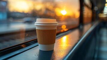 Close-up of a coffee cup on a train table, with a blurred background of passing scenery. photo