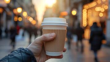 Hand holding a coffee cup at a busy street cafe, with a blurred background of people walking by. photo