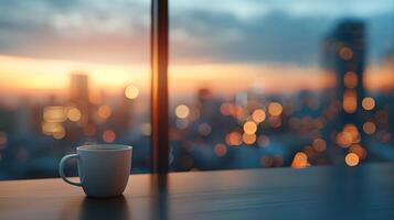 Close-up of a coffee cup on a table in a modern apartment, with a blurred city view through the window. photo