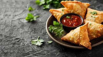 Indian samosas with chutney and cilantro garnish, with space for text. photo