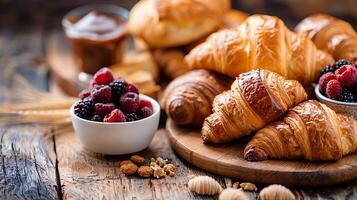 French croissants and pastries on a rustic wooden table, with a blurred background for copy space. photo