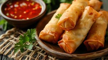 Chinese spring rolls with dipping sauce, with a clean background for text. photo