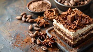 Close-up of Italian tiramisu with cocoa powder, with a rustic background for text. photo