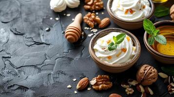 Greek yogurt with honey and nuts, with space for text. photo