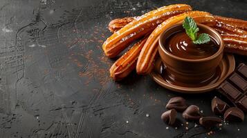 Mexican churros with chocolate sauce, with ample space for text. photo