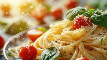 Close-up of a beautifully plated Italian pasta dish with fresh basil, parmesan, and cherry tomatoes, with space for text. photo