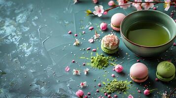 Japanese matcha green tea and wagashi sweets, with ample copy space. photo