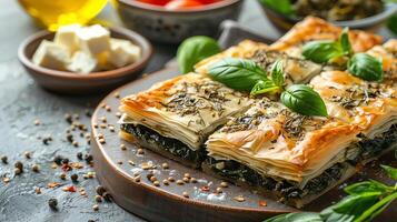 Greek spanakopita with spinach and feta, with a clean background for copy. photo