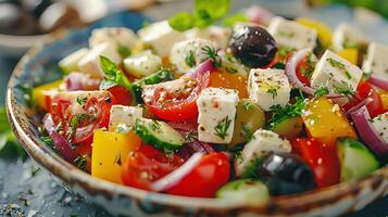 Greek salad with feta cheese, olives, and fresh vegetables, with a soft-focus background. photo