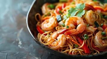 Chinese stir-fried noodles with vegetables and shrimp, with a clean background for copy. photo
