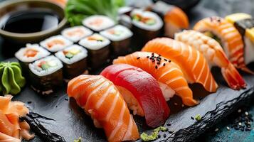 Japanese sushi platter with nigiri, sashimi, and maki rolls, with a clean, minimalist background for text. photo