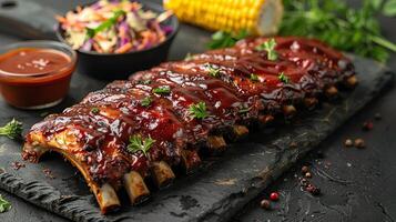 American BBQ ribs with corn on the cob and coleslaw, with space for text. photo