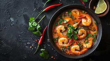 Thai tom yum soup with shrimp and herbs, with space for text. photo