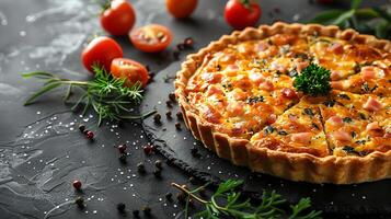 French quiche with ham and cheese, with space for copy. photo