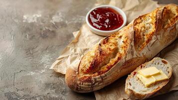 French baguette with butter and jam, with space for copy. photo