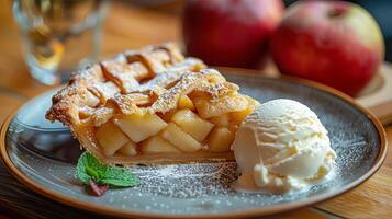 American apple pie with a scoop of vanilla ice cream, with ample copy space. photo