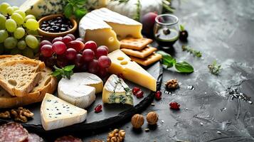 French cheese board with various cheeses, grapes, and nuts, with space for copy. photo