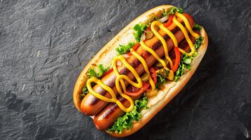 American hot dog with mustard and relish, with ample copy space. photo