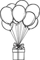 Bunch of flying balloons attached with gift box clean simple outline black vector