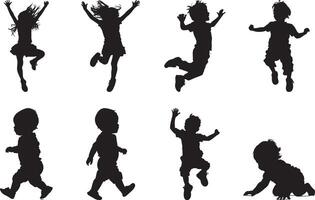 Collection of young children jumpingor walking full length silhouette black vector