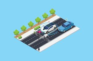 Isometric automatic self driving car at road. Futuristic autonomous vehicle remote sensing system. suitable for vehicle-related digital assets vector