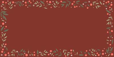 Holly berry and snowflake horizontal frame on red background graphic illustration. Merry Christmas and Happy New Year greeting card template have blank space. vector