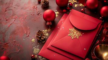 Elegant red envelopes and gold decorations with subtle festive details photo