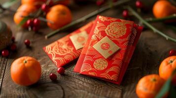 Elegant mandarin oranges and bamboo with red envelopes and gold accents photo