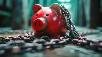 Heavy chain around a piggy bank, depicting financial debt constraint photo
