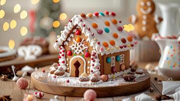 Gingerbread house with icing decorations, colorful candies, cozy kitchen setting, festive mood, high detail photo