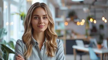 A high-resolution photo of a businesswoman holding a presentation in a clean, bright office, engaging and professional, style by idea24club