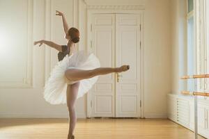 Young ballerina in tutu skirt dancing practicing ballet positions in dance class. Young classical dancer woman in dance studio. Ballet class training. Ballet school concept photo