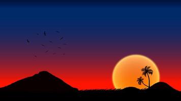 A group of palm tree silhouettes with sunset background, illustration vector