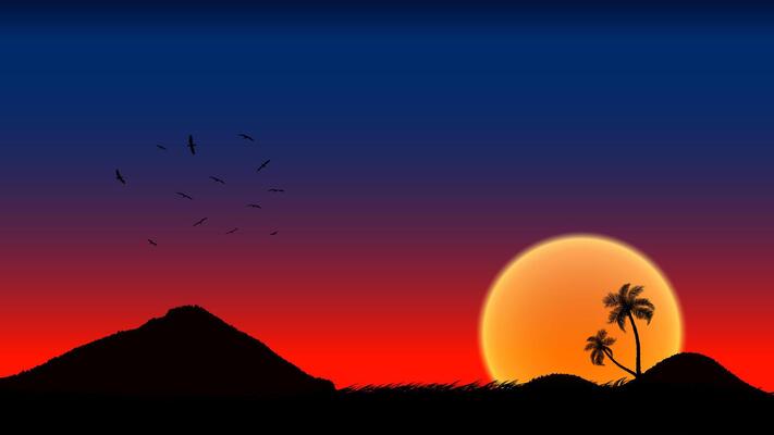 A group of palm tree silhouettes with sunset background, illustration