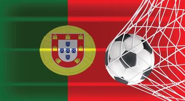 Soccer or Football ball in Goal Net Isolated on Portugal Shaded Flag, Sports Accessory Equipment for Playing Game, Championship and Competition Design Element Realistic 3D vector