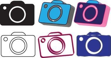 Camera icons set with simple and 3d designs black sky blue pink and blue Camera logos bundle vector