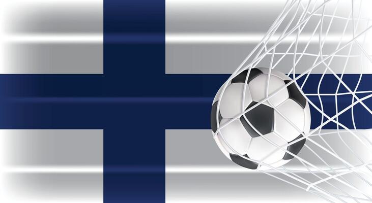 Soccer or Football ball in Goal Net Isolated on Finland Shaded Flag, Sports Accessory Equipment for Playing Game, Championship