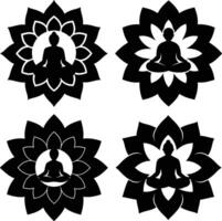 Four black and white silhouettes of buddha in lotus position vector