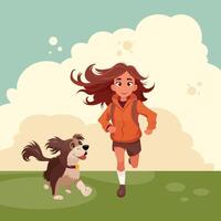 Cute little girl running with her dog in the park illustration vector