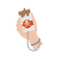 Tobacco abuse concept. Pack of cigarettes chained to hand shackles. No smoking. Rejection, proposal smoke. vector