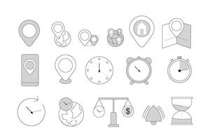 Line icons about location, time and date. Contains such icons as clock, schedule and pin. vector