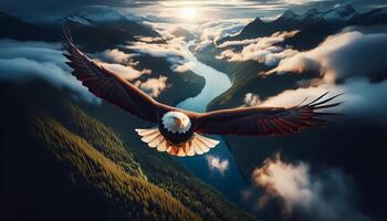 An eagle flying over a river and mountains photo