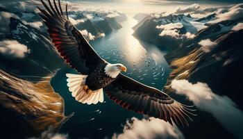 An eagle flying over a mountain range with clouds in the background photo