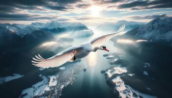 A swan flying over a mountain range photo