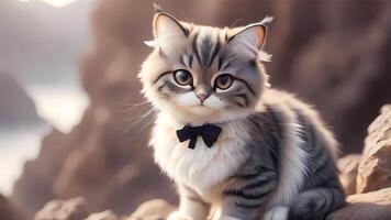 A cat with a bow tie sitting on a rock photo