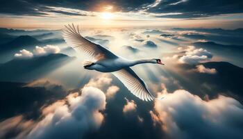 A white swan flying over the clouds photo